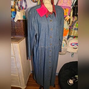 Vintage Halmode Plus Denim Dress With Plaid Collar And Cuff